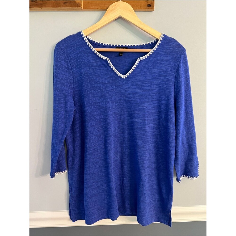 Talbots Petite Blue Linen Blend Coastal Preppy Crochet Hem 3/4 Sleeve Top MP